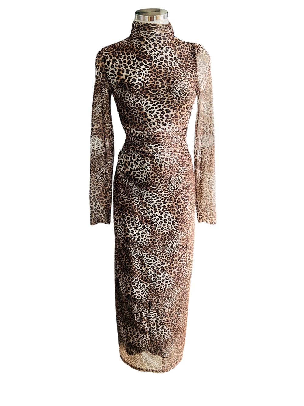 Leopard Print Mock Neck Mesh Maxi Dress. Size Small